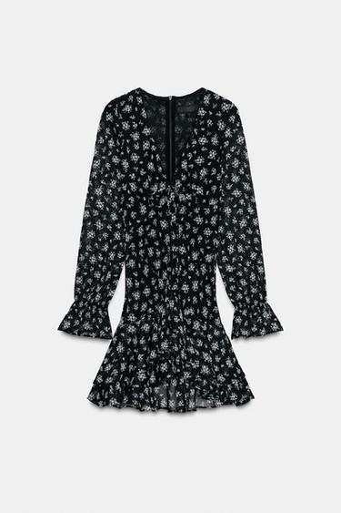 RUFFLED FLORAL PRINT DRESS - Black / White by Zara