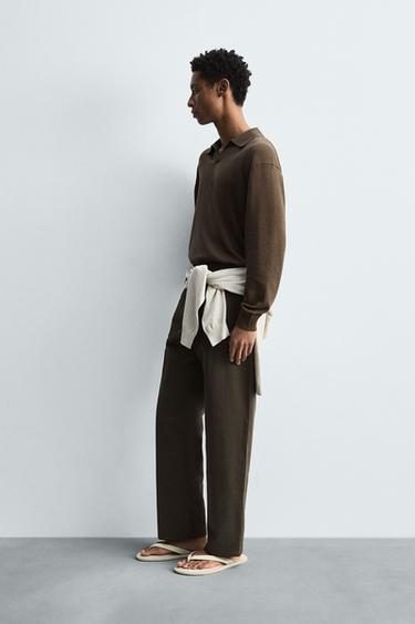 COTTON/HEMP KNIT POLO SHIRT - Black / Brown by Zara - Image 3