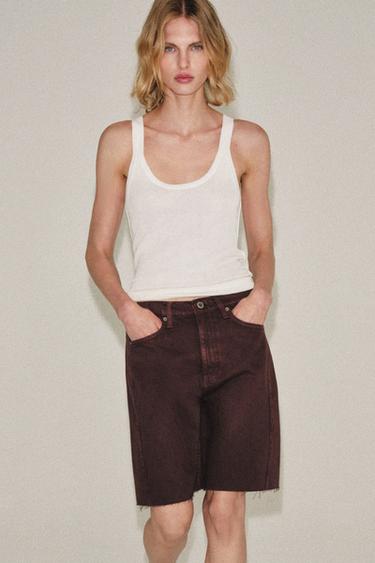 ZW COLLECTION MID-RISE RELAXED DENIM BERMUDA SHORTS — Dark maroon 1