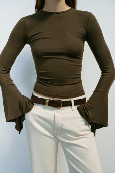 RUFFLE SLEEVE T-SHIRT — Khaki 2