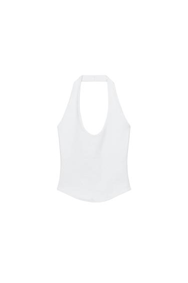 Front view of a fitted, sleeveless, white halter-neck top with a round neckline and a rounded hem.