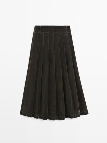 Zara Flocked denim midi skirt with box pleats - Khaki