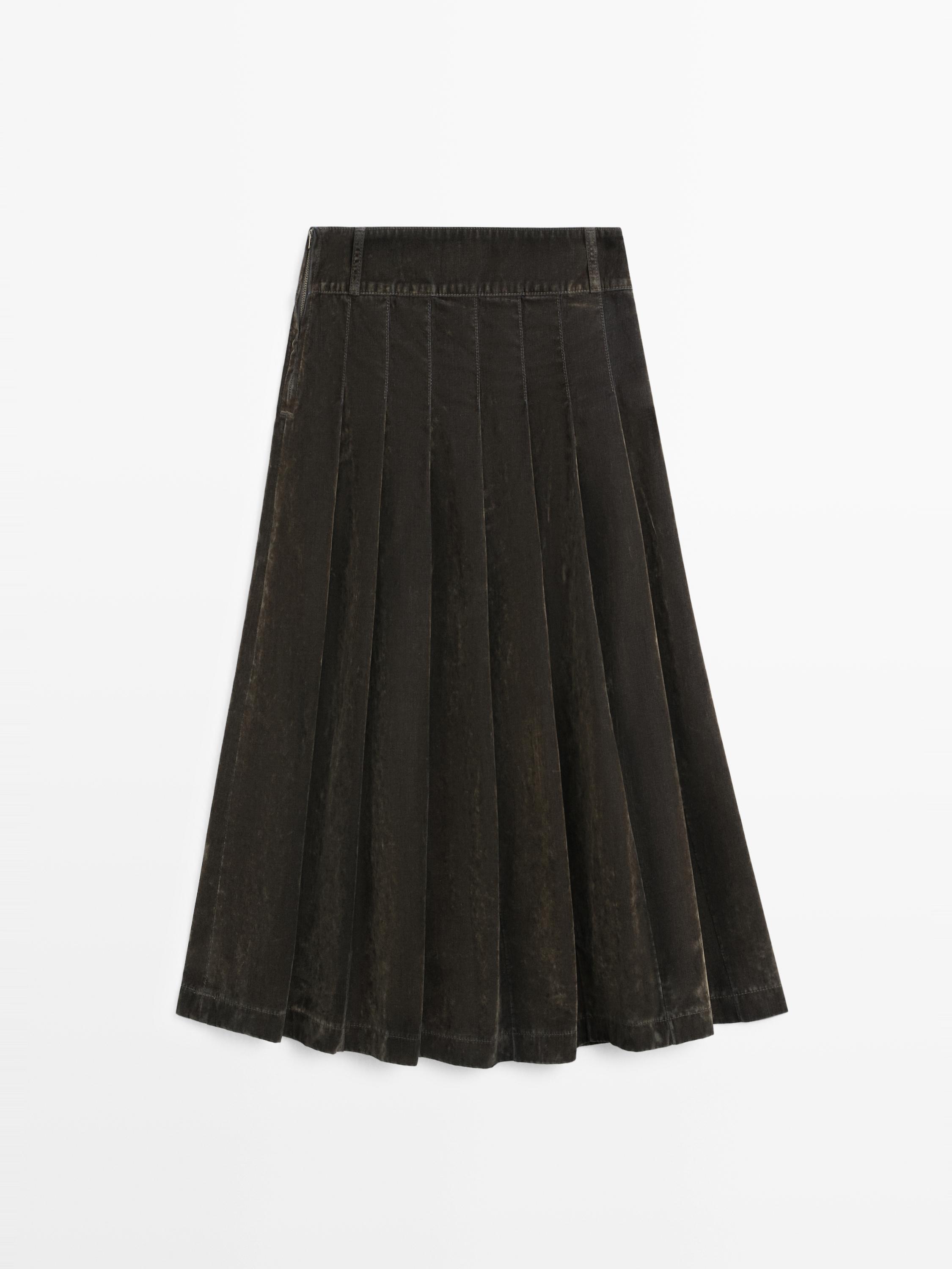 Flocked denim midi skirt with box pleats