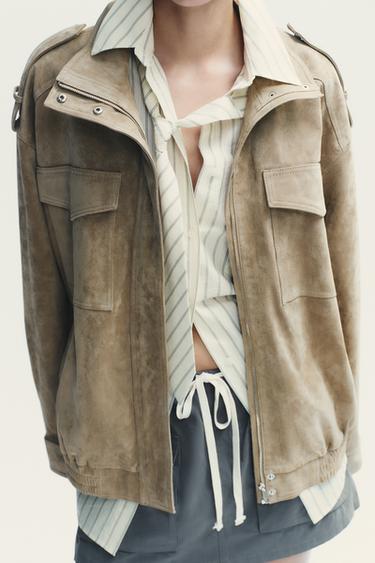 Zara SUEDE LEATHER JACKET - Brown / Taupe