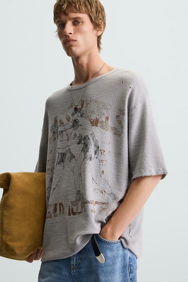 CAMISETA PUNTO ESTAMPADO LAVADO - Gris perla de Zara