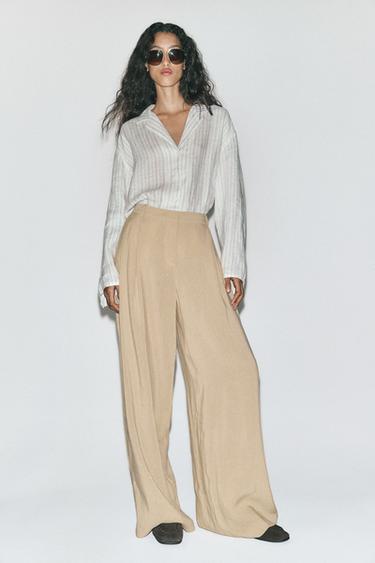LINEN BLEND WIDE-LEG TROUSERS WITH DARTS - camel by Zara
