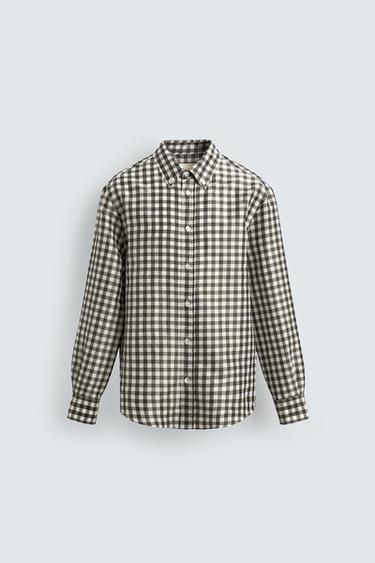 РУБАШКА В КЛЕТКУ ИЗ РАМИ И ШЕЛКА - LIMITED EDITION — МЯГКИЙ ЗЕЛЕНЫЙ от Zara