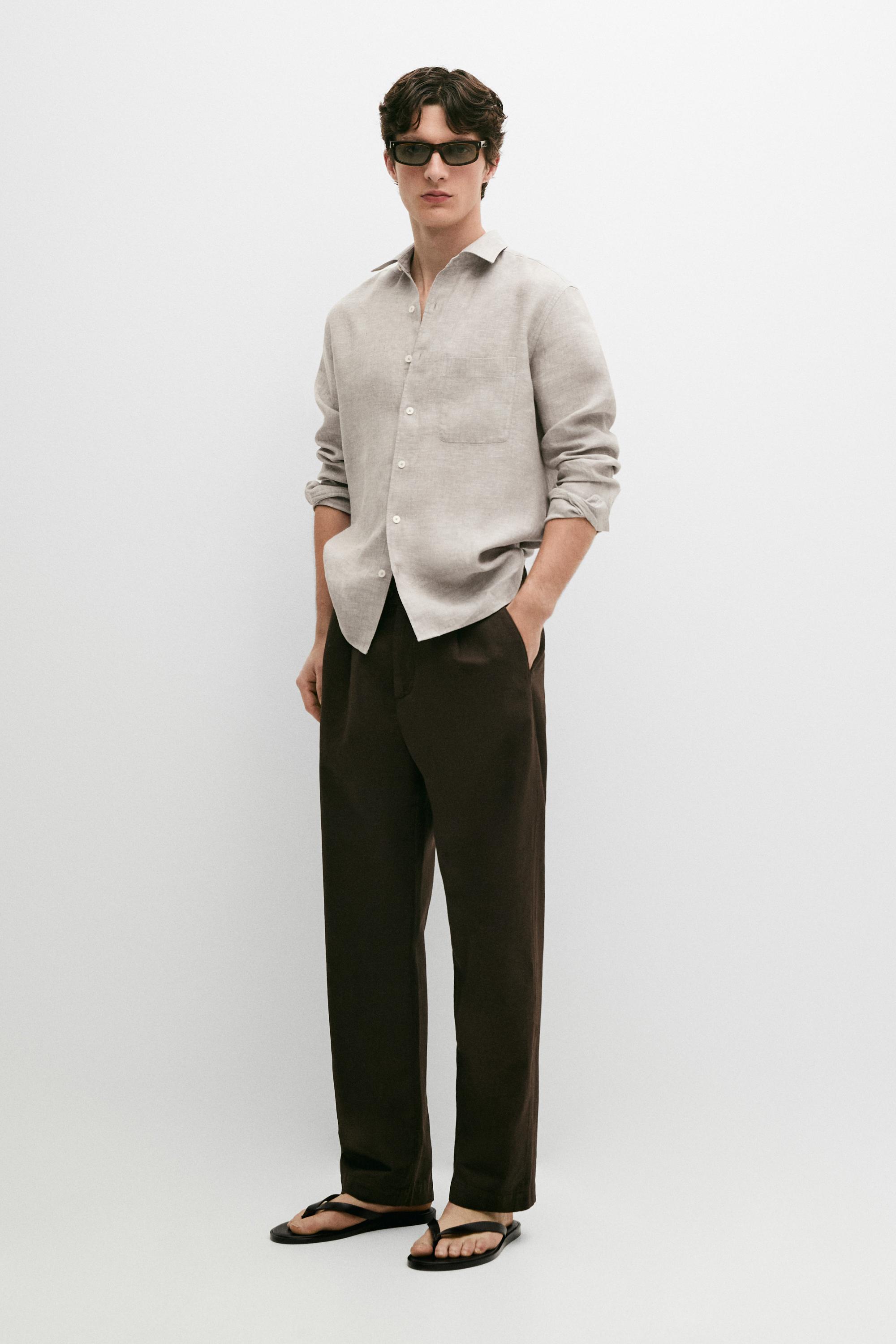 Pantalon straight à pinces en lin et coton