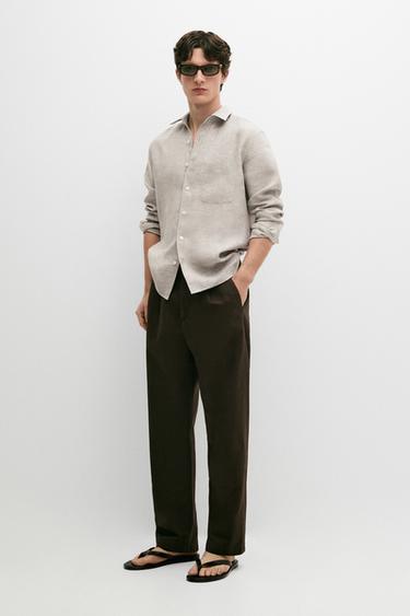 Pantalon straight à pinces en lin et coton - Marron de Zara - Image 0