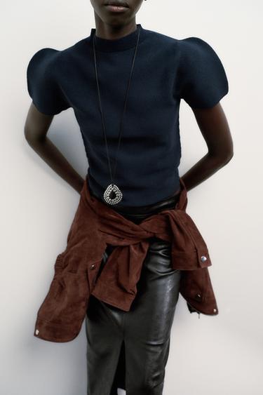 TOP EN MAILLE À MANCHES BOUFFANTES - Bleu marine de Zara - Image 3