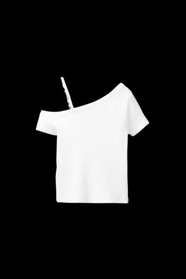 BEADED ASYMMETRIC RIB T-SHIRT - White by Zara