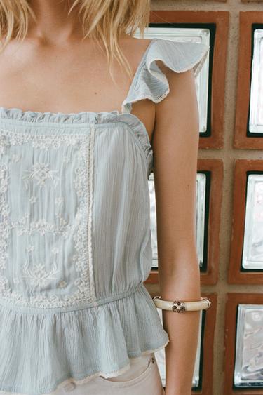 EMBROIDERED RUFFLE TOP - Blue by Zara - Image 1