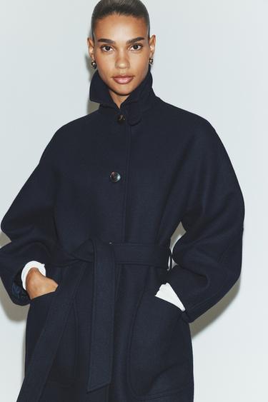 Zara BELTED WOOL COAT - Navy blue