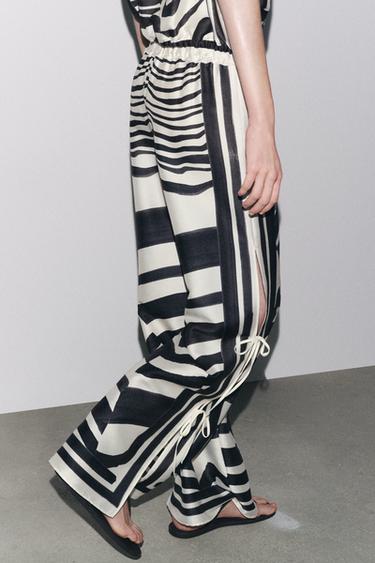 Zara ZW COLLECTION 綁帶印花長褲 - 黑色 / 裸色