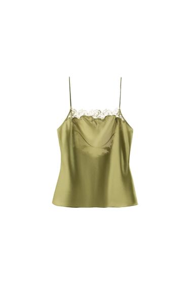 ZIJDEACHTIGE TOP IN LINGERIESTIJL MET KANT - Groen van Zara