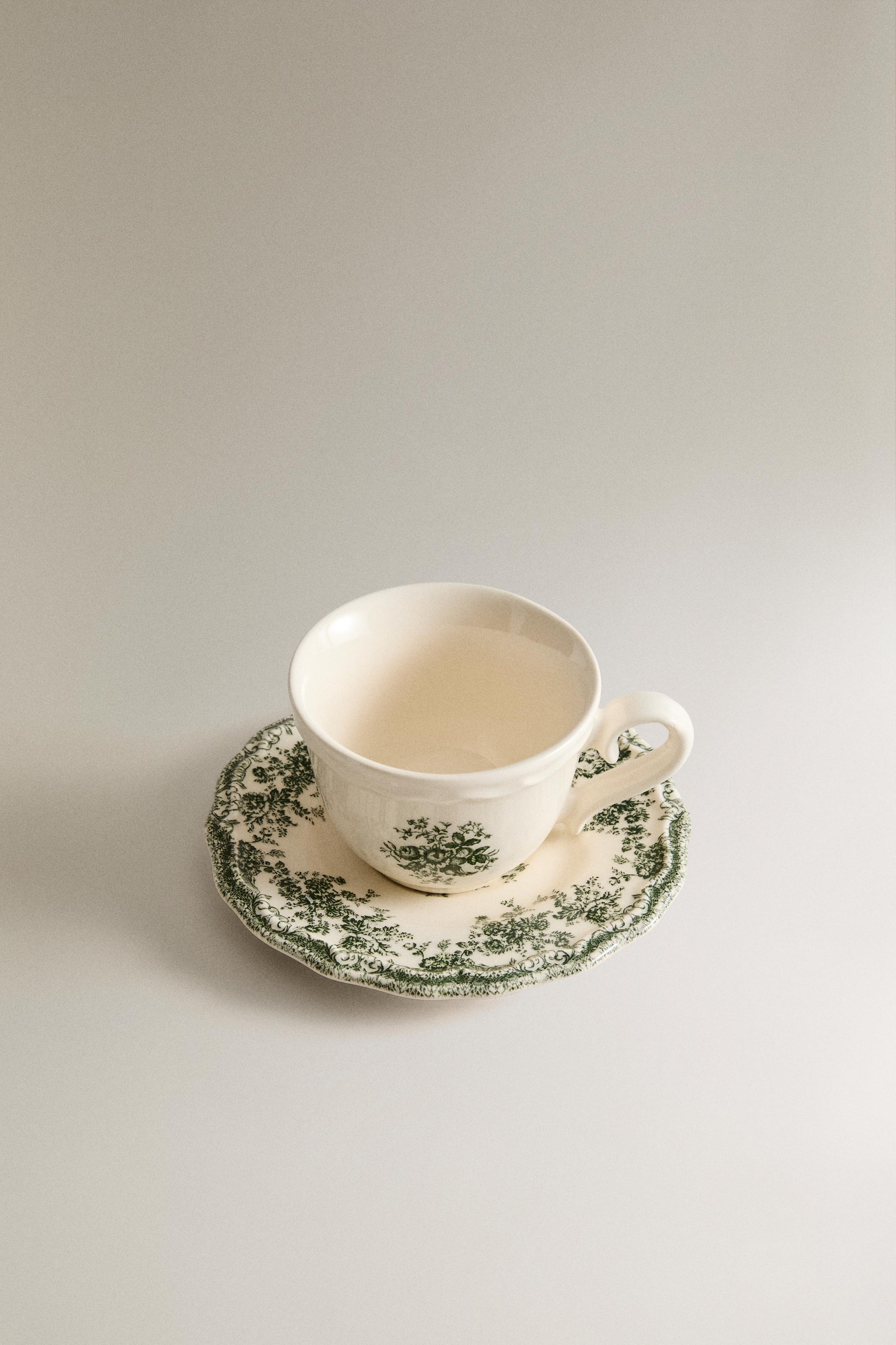 FLORAL COFFEE CUP AND SAUCER — Dark olive