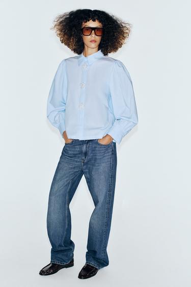 POPLIN SHIRT WITH FAUX PEARL FLOWERS - Sky blue by Zara - Image 0