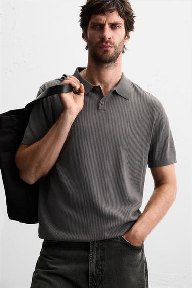 Zara RIB KNIT POLO SHIRT - Anthracite grey