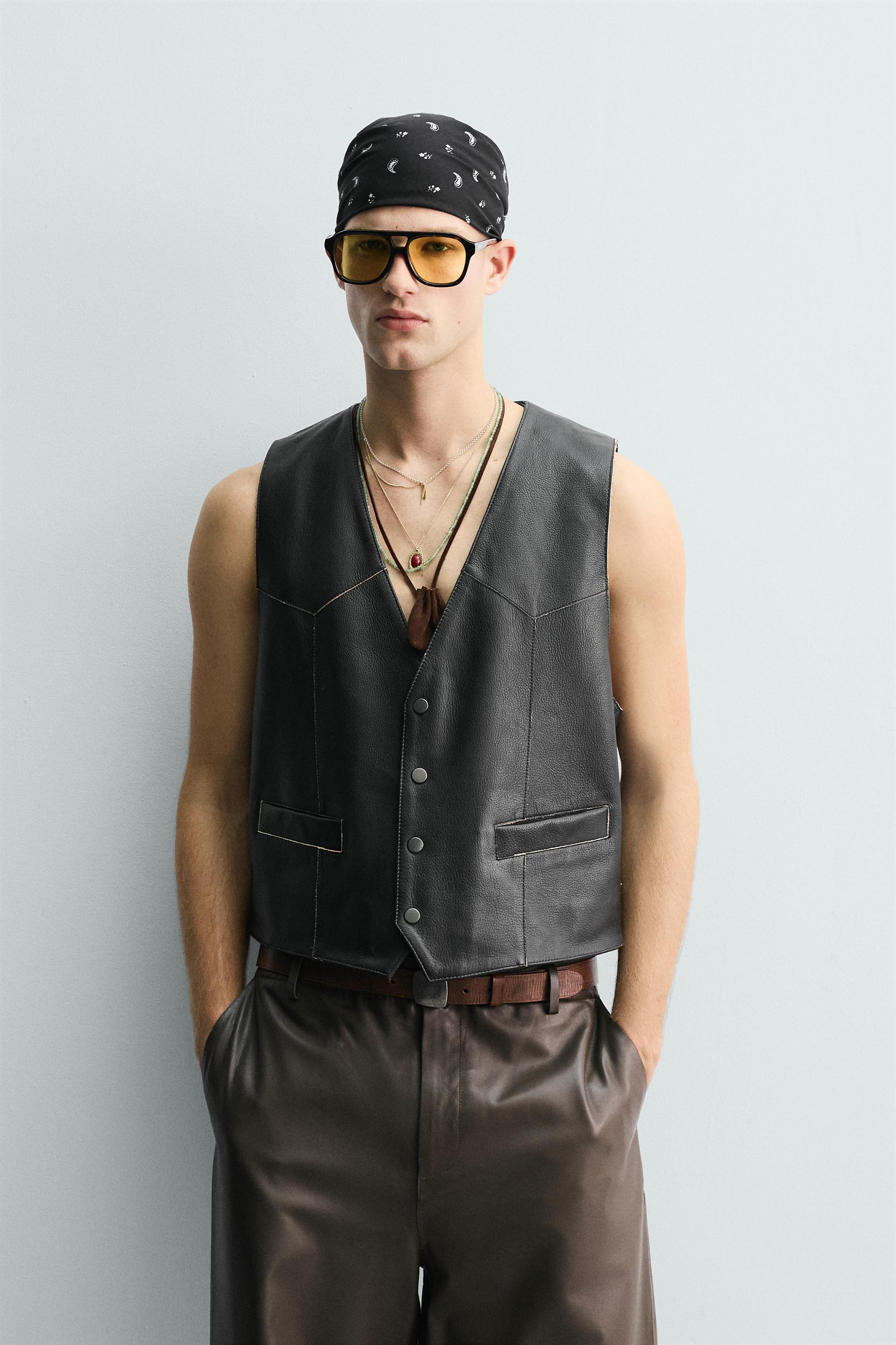GILET EN CUIR COUTURES CONTRASTANTES