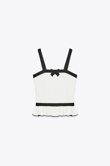 RIBBED KNIT T-SHIRT WITH BOW - Black / White by Zara - Image 3