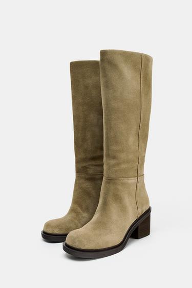 BOTTES À TALONS EN CROÛTE DE CUIR SURPIQUÉES - Gris taupe de Zara - Image 4