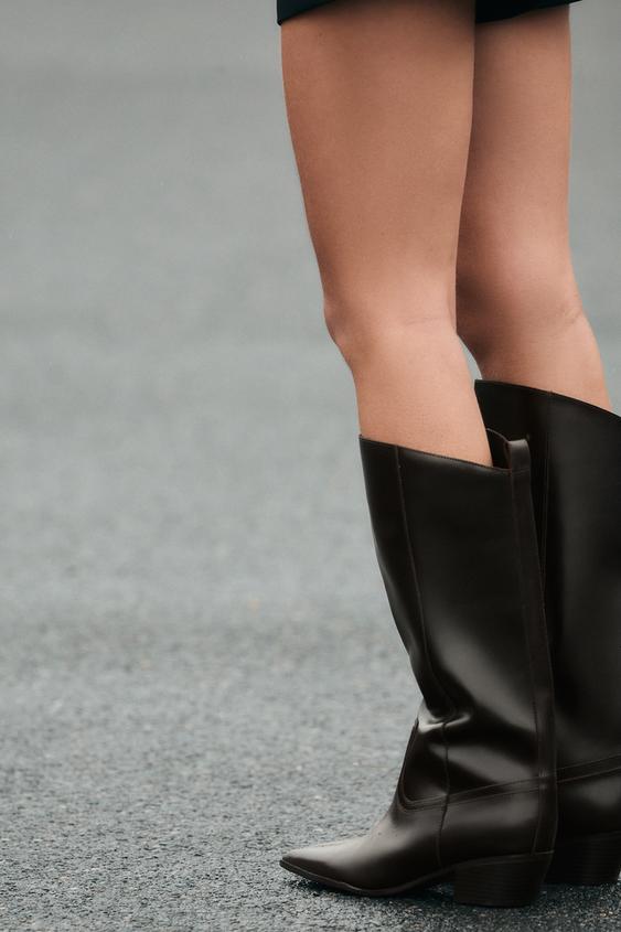LEATHER COWBOY HEEL BOOTS - Brown by Zara - Image 0