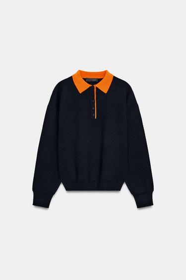 CONTRAST COLLAR KNIT POLO SHIRT - Blue by Zara - Image 4