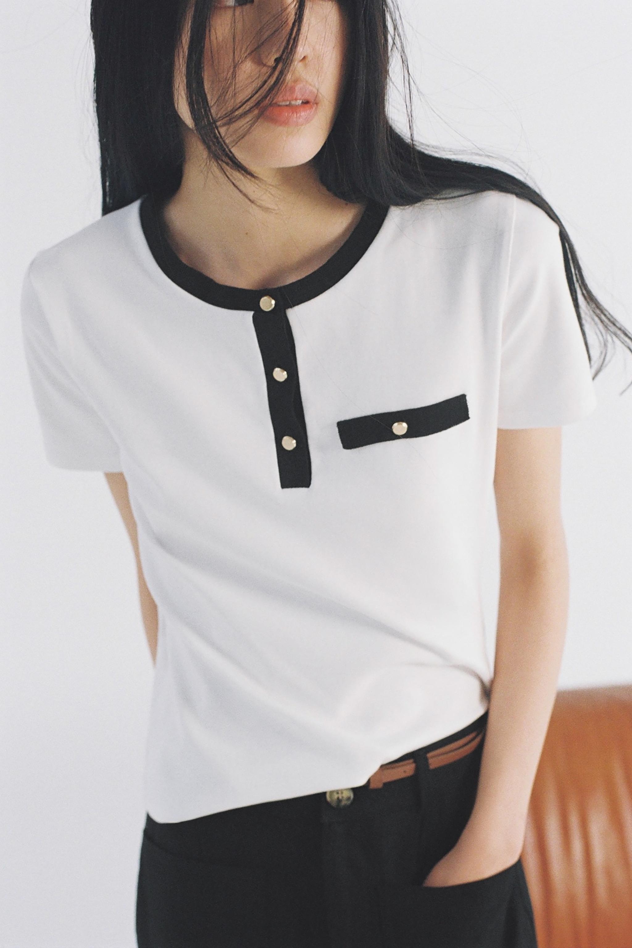 ZARA コントラストパイピング付きTシャツ 5644/214 コントラストパイピング付きTシャツ - ホワイト | ZARA Japan / 日本