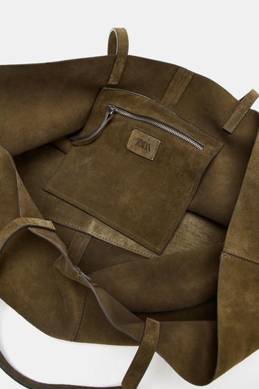 SPLIT SUEDE MAXI TOTE BAG - Khaki Green by Zara