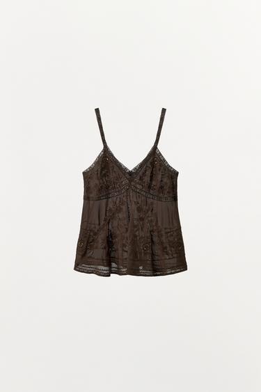 TRÄGERTOP MIT STICKEREI UND SCHMUCKPERLEN - Braun von Zara