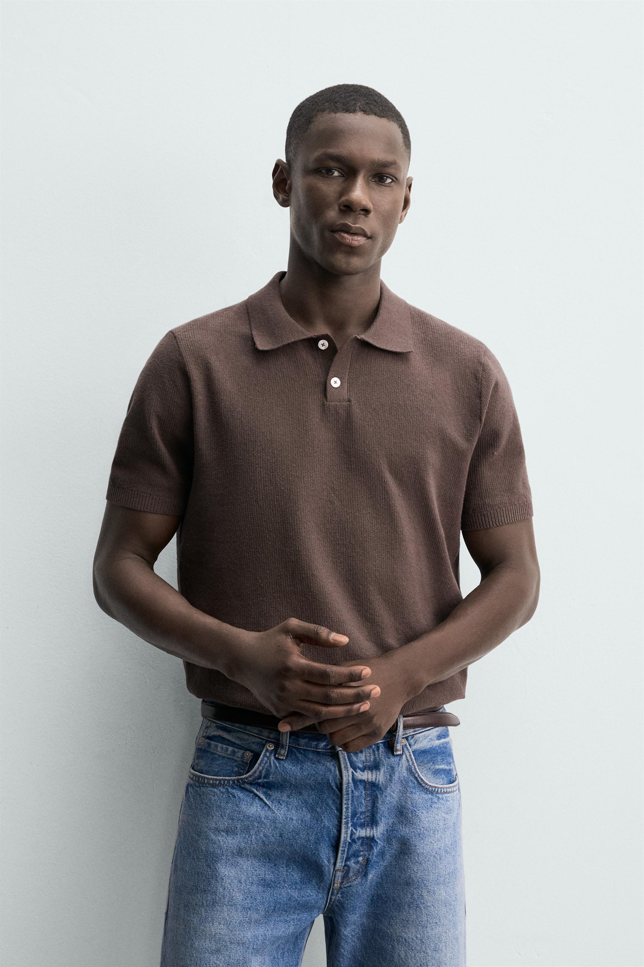 ZARA ストライプ柄ミックスニットポロシャツ　新品 ZARA - 【予約販売】ストライプ柄ミックスニットポロシャツ ピンク