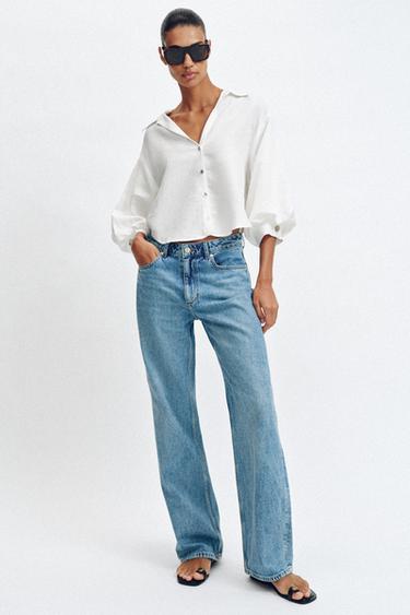 CAMISA MANGA ABULLONADA CON LINO - Blanco de Zara