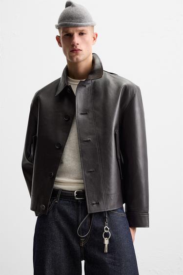 Zara POCKET LEATHER JACKET - Brown