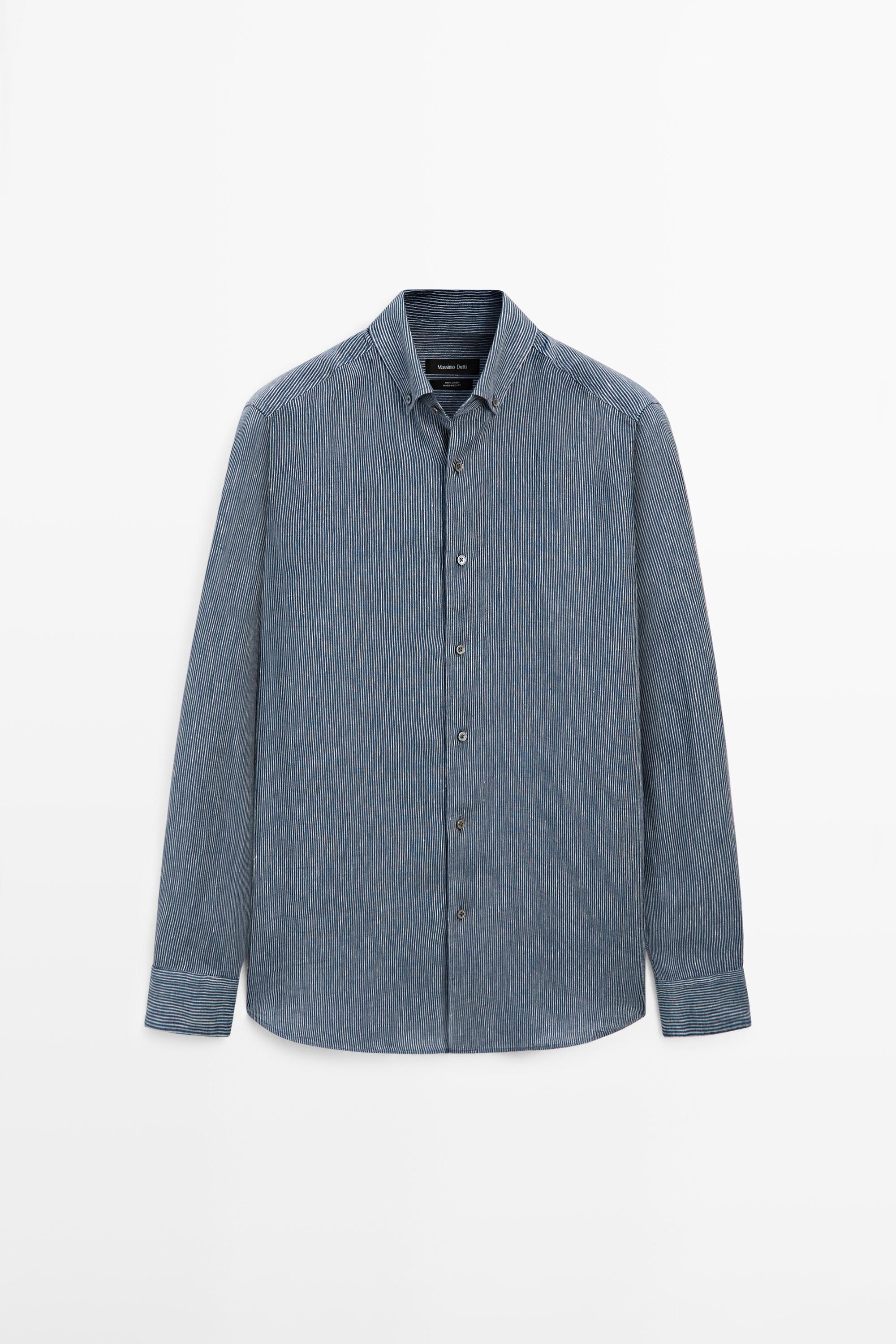 100% linen pinstriped regular fit shirt - Navy blue | ZARA United