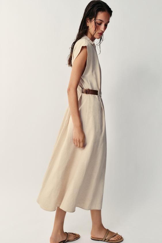 zara linen shirt dress Blend Ecru Yellow seam side pockets ZARA LINEN BLEND SHIRT DRESS
