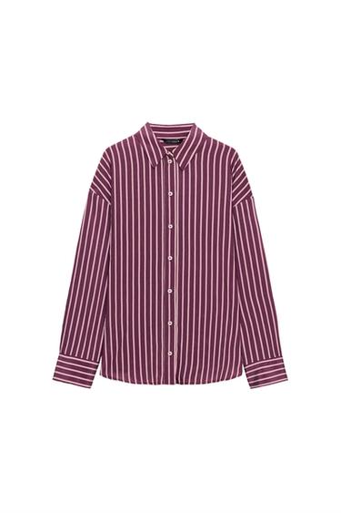 Front view of a marsala shirt with vertical stripes, long sleeves, a shirt collar, and a central button placket.