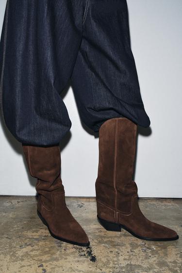 SPLIT SUEDE COWBOY HEELED BOOTS - Brown by Zara