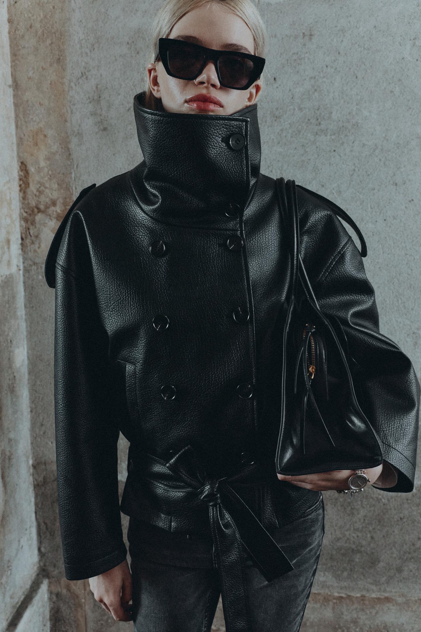 Женская куртка Zara Faux Leather Belted, цвет: Чёрный — фото 5