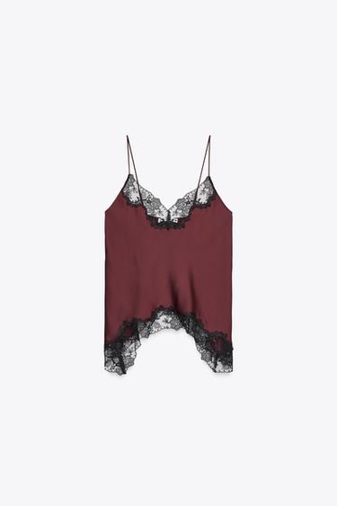 ASYMMETRIC LACE SATIN TOP - Burgundy by Zara - Image 0