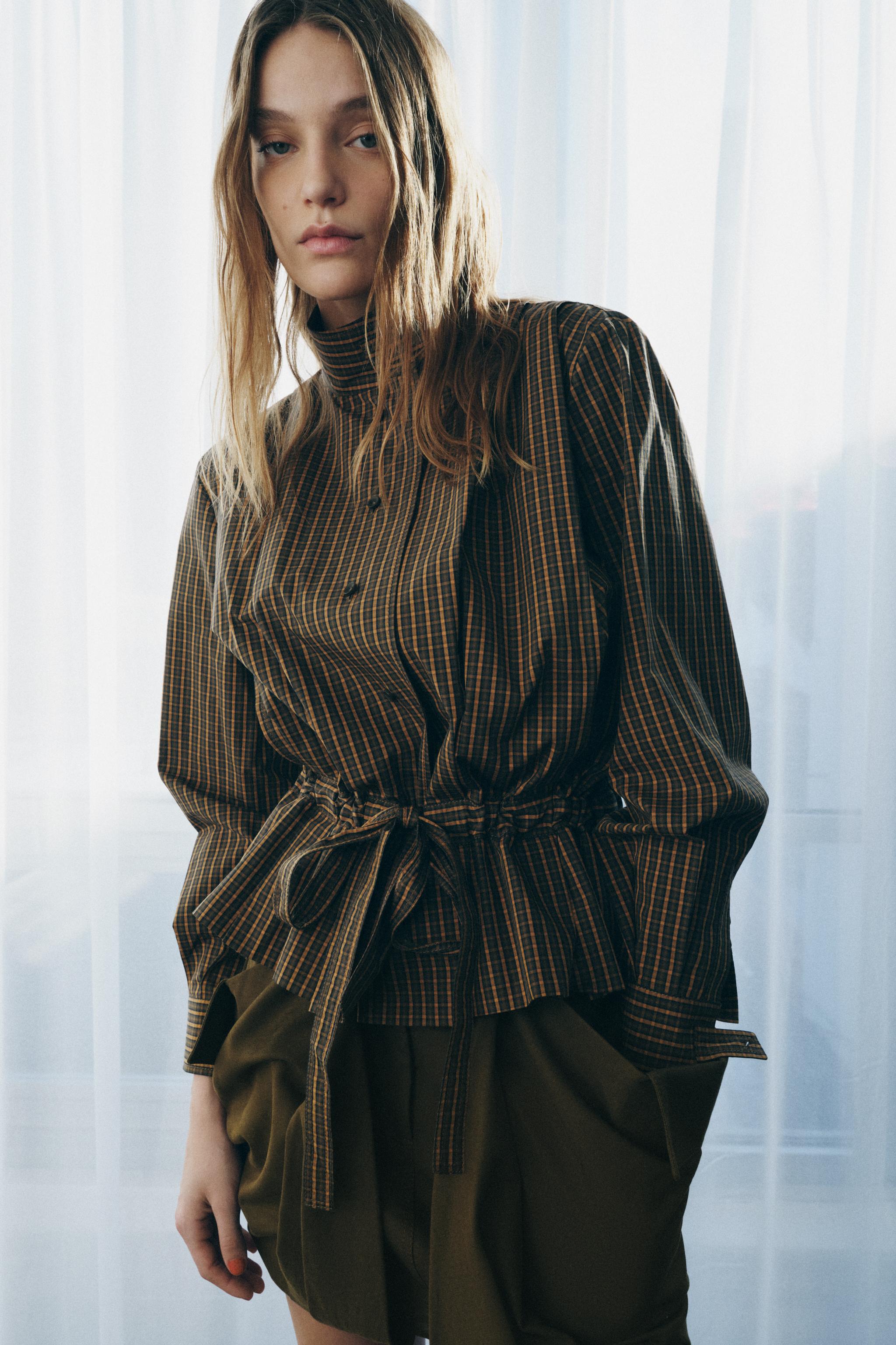 CHEMISE EN COTON À CARREAUX AVEC NŒUD ZW COLLECTION