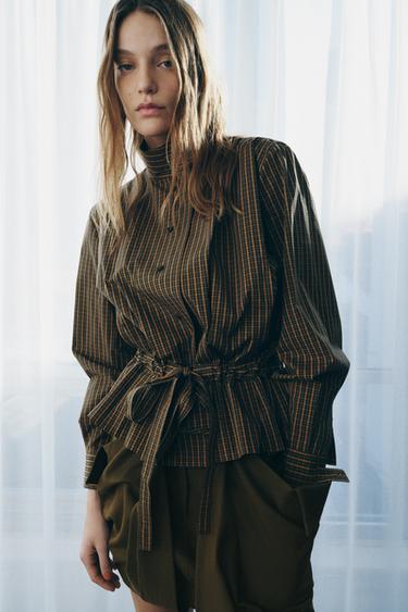 CHECK COTTON SHIRT WITH BOW ZW COLLECTION - orange-green by Zara - Image 3