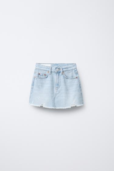 Zara FRAYED RIPPED DENIM SKIRT - Light blue