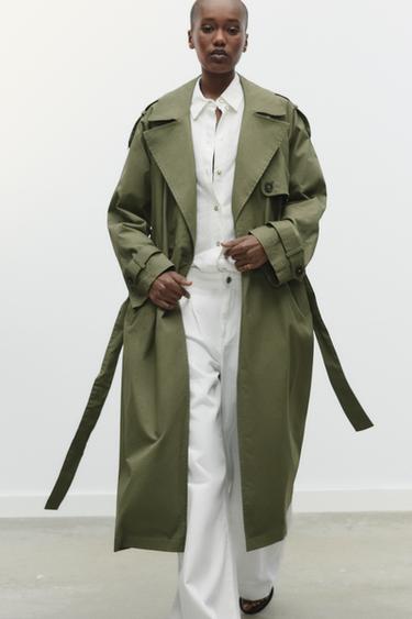 TRENCH LARGO CRUZADO CINTURÓN - Khaki de Zara