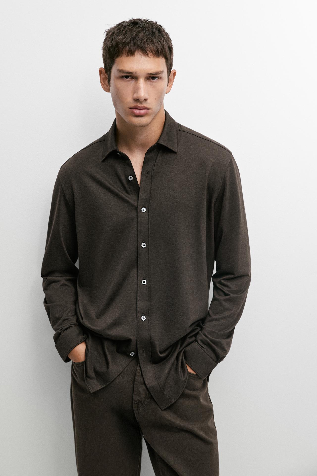 Stretch slim fit cotton shirt — Brown