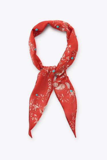 Zara Kırmızı - ÇİÇEK BASKILI BONCUKLU BANDANA