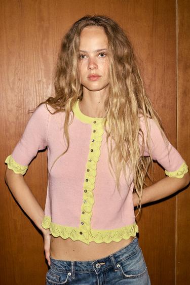 JAKET RAJUTAN KOMBINASI POINTELLE - Pink dari Zara