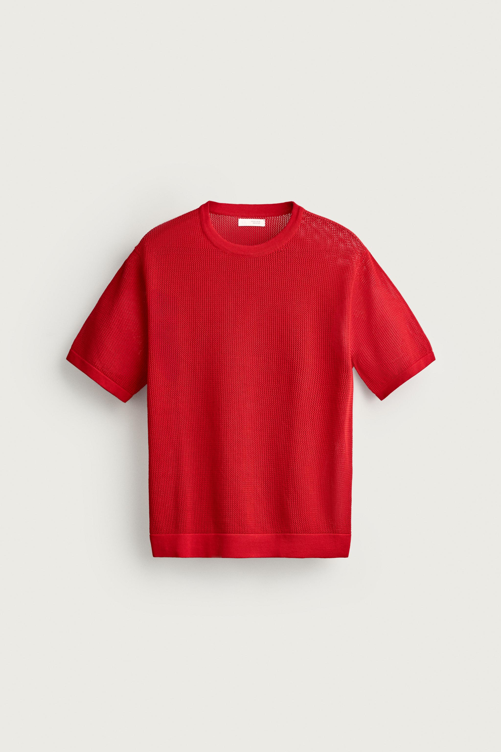 OPEN-KNIT TEXTURED T-SHIRT — Red