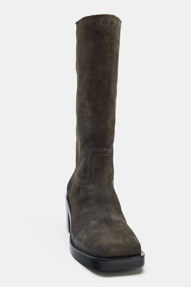 SPLIT SUEDE CONTRAST STITCH BOOTS - Khaki Green by Zara - Image 3