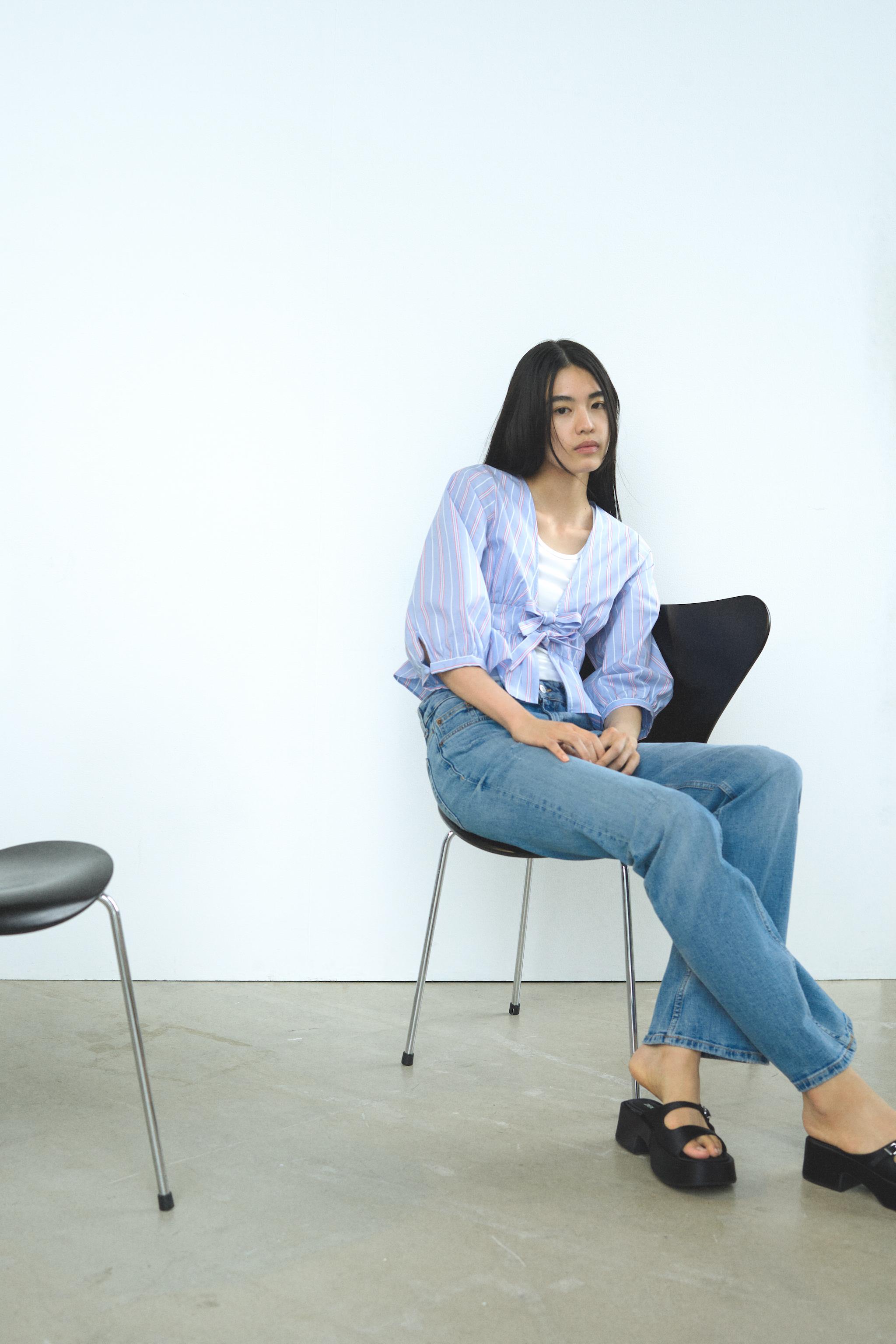 ストライプリボンシャツ - 青色/白色 | ZARA Japan / 日本