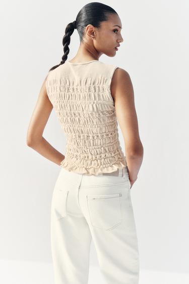 SMOCKED KNIT TOP - Ecru by Zara - Image 4